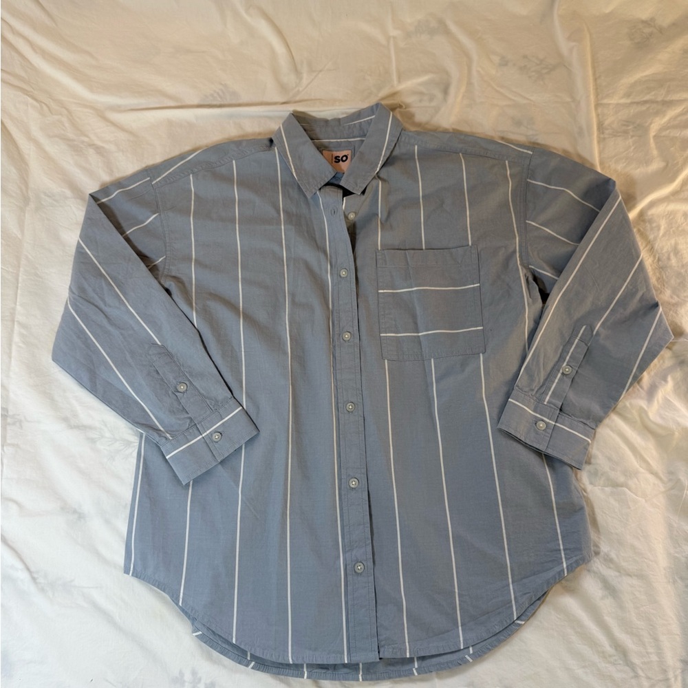 Woman’s Light Blue Vertical Stripe Button-Up Shirt